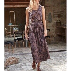 Garnet Hill Maxi Dress Size S Purple Floral Smocked Waist Organic Cotton V-neck